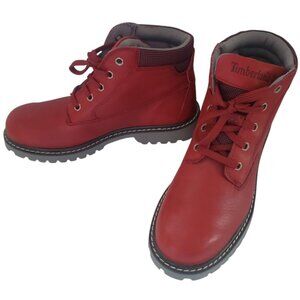 Timberland 6" Ankle Boots Womens Size 9 Red Leather Lace Up Black Red Check Trim